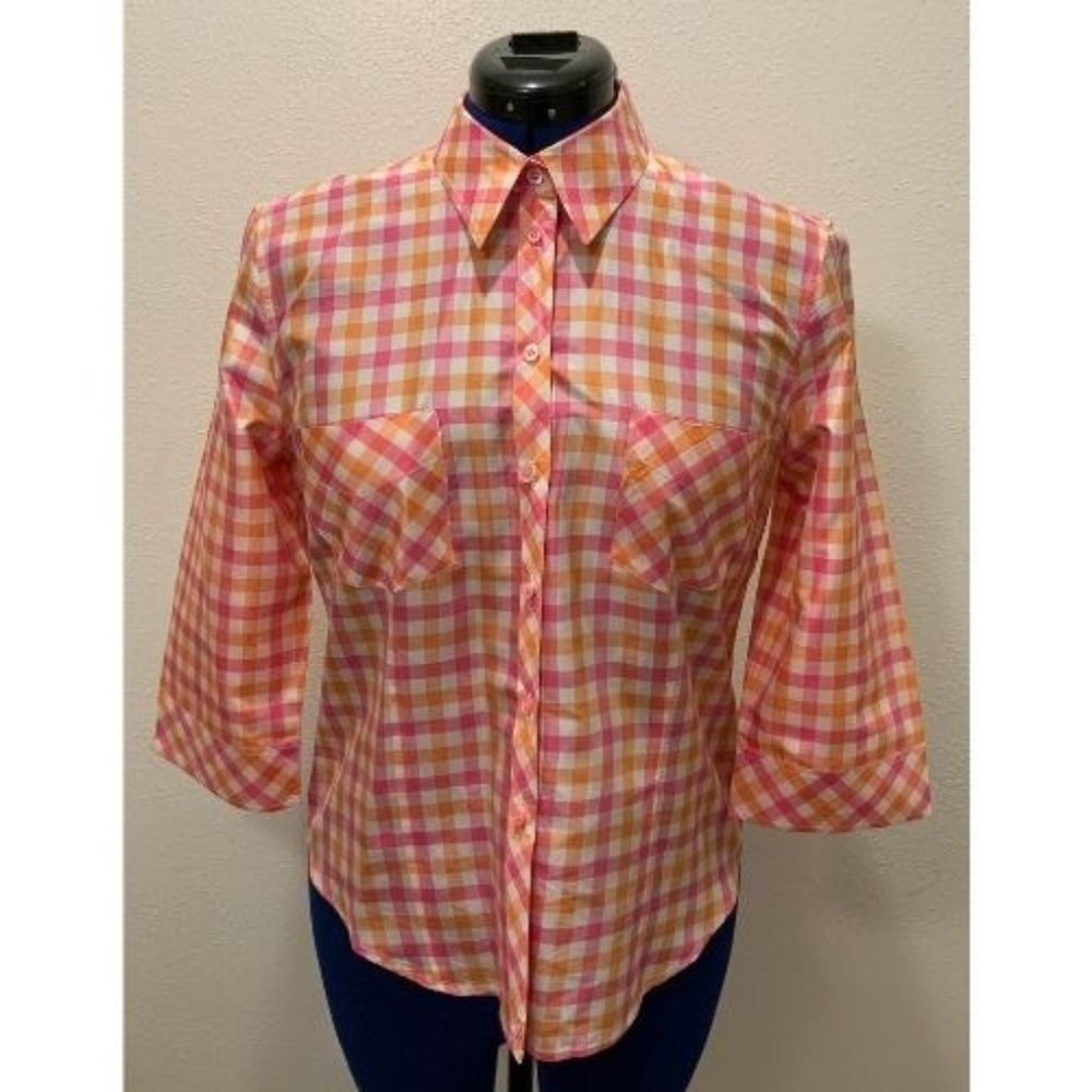 Escada Sport - Pink & Orange Check Blouse with 3/4 Sleeves - Size 38, US 8